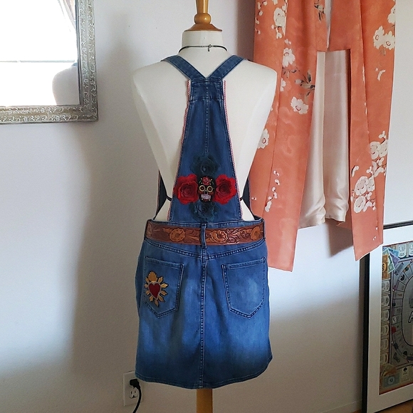 One of a Kind Roses/Day of the Dead Overall Dress Size Large - Picture 12 of 13